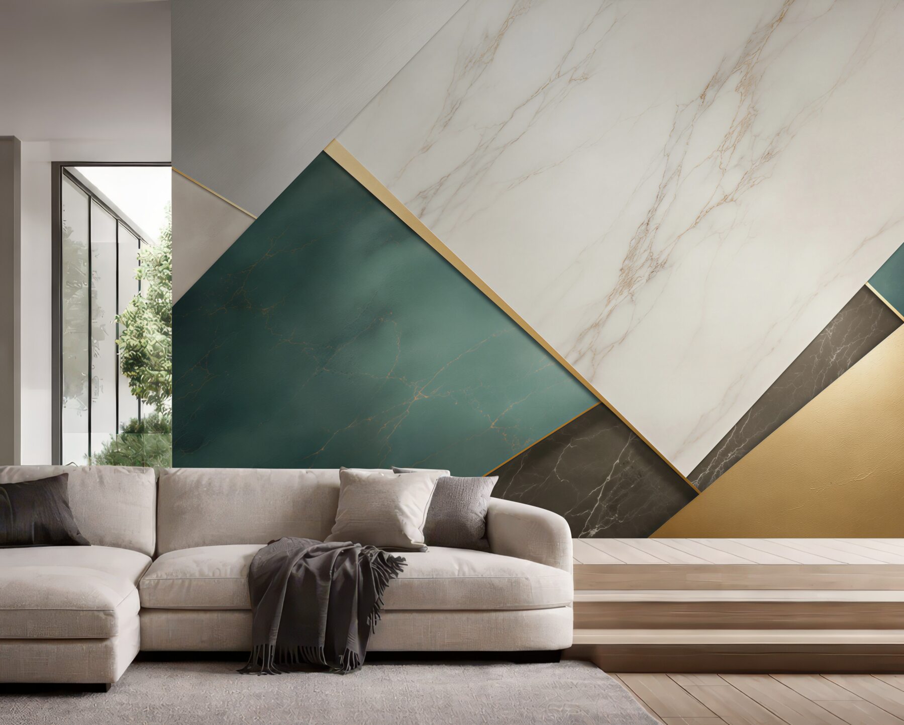 Fototapeten geometrischer weiß-grüner Marmor mit goldenen Akzenten modern