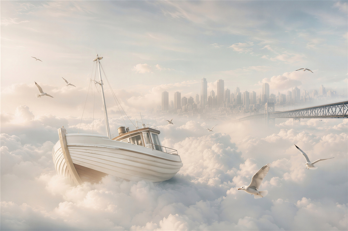 Fototapeten Boot in den Wolken mit Möwen und einer surrealen Stadt in Pastell