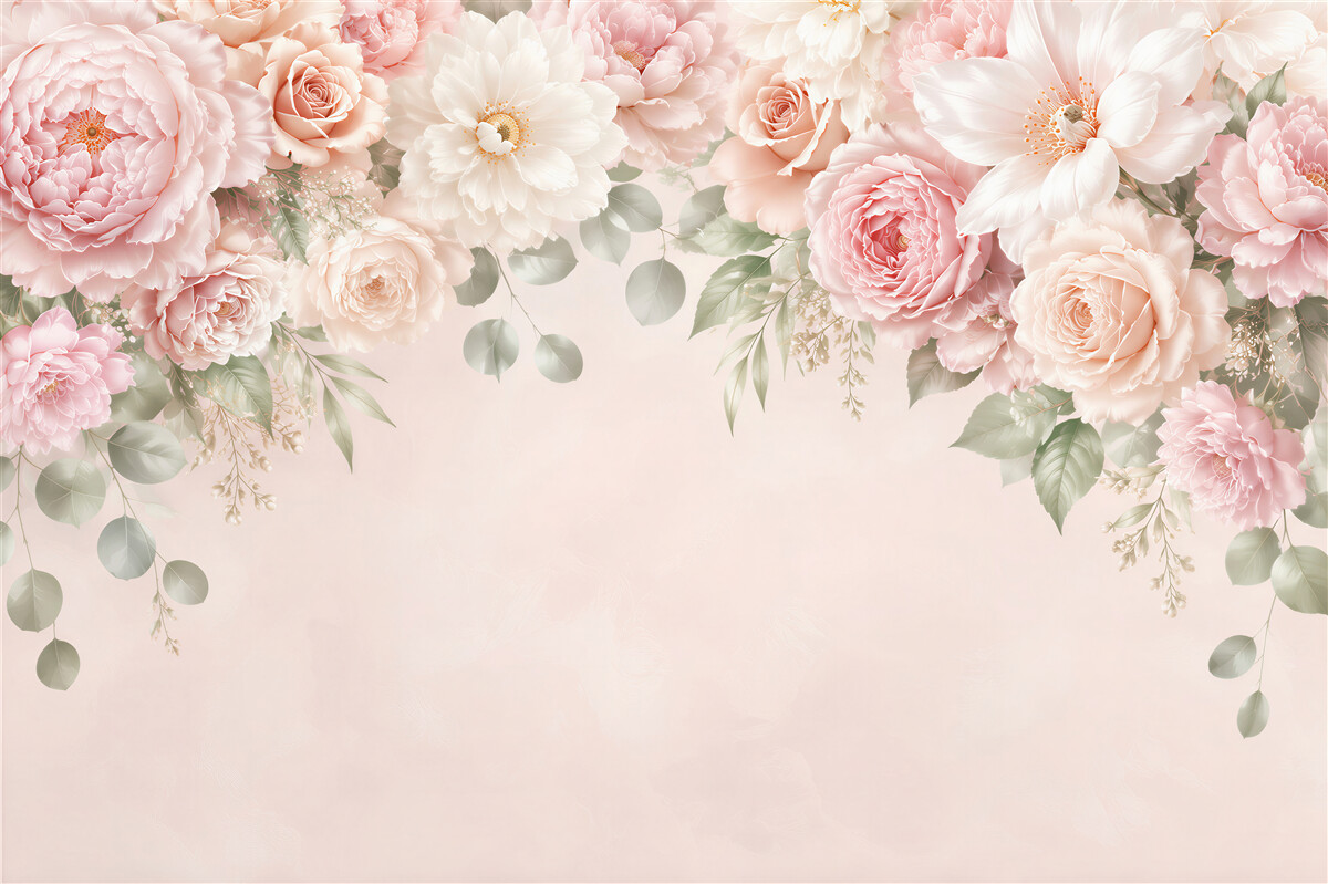 Fototapeten Pastell-Pfingstrosen und Rosen auf hellem Hintergrund romantisch