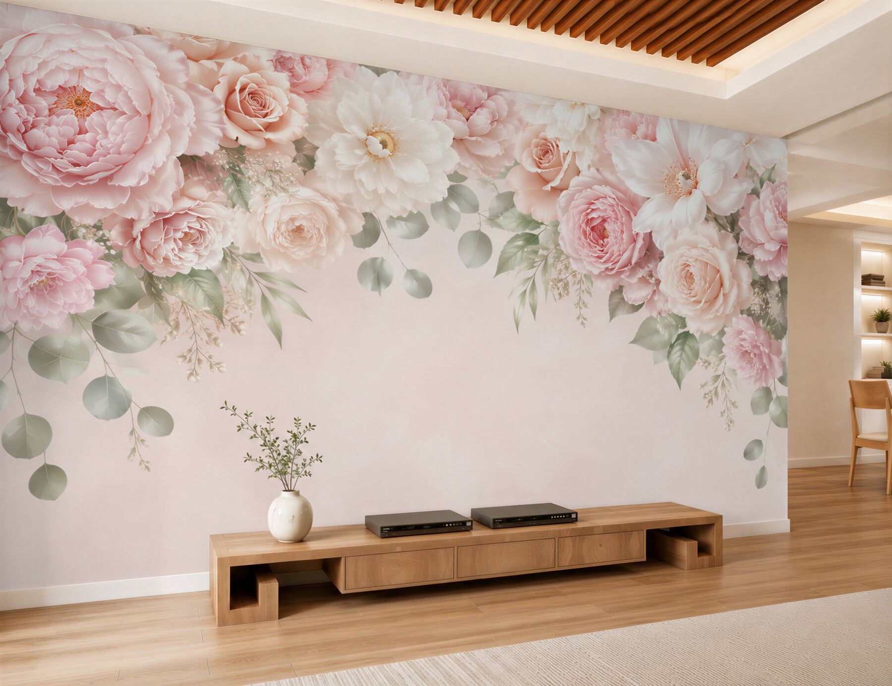 Fototapeten Pastell-Pfingstrosen und Rosen auf hellem Hintergrund romantisch