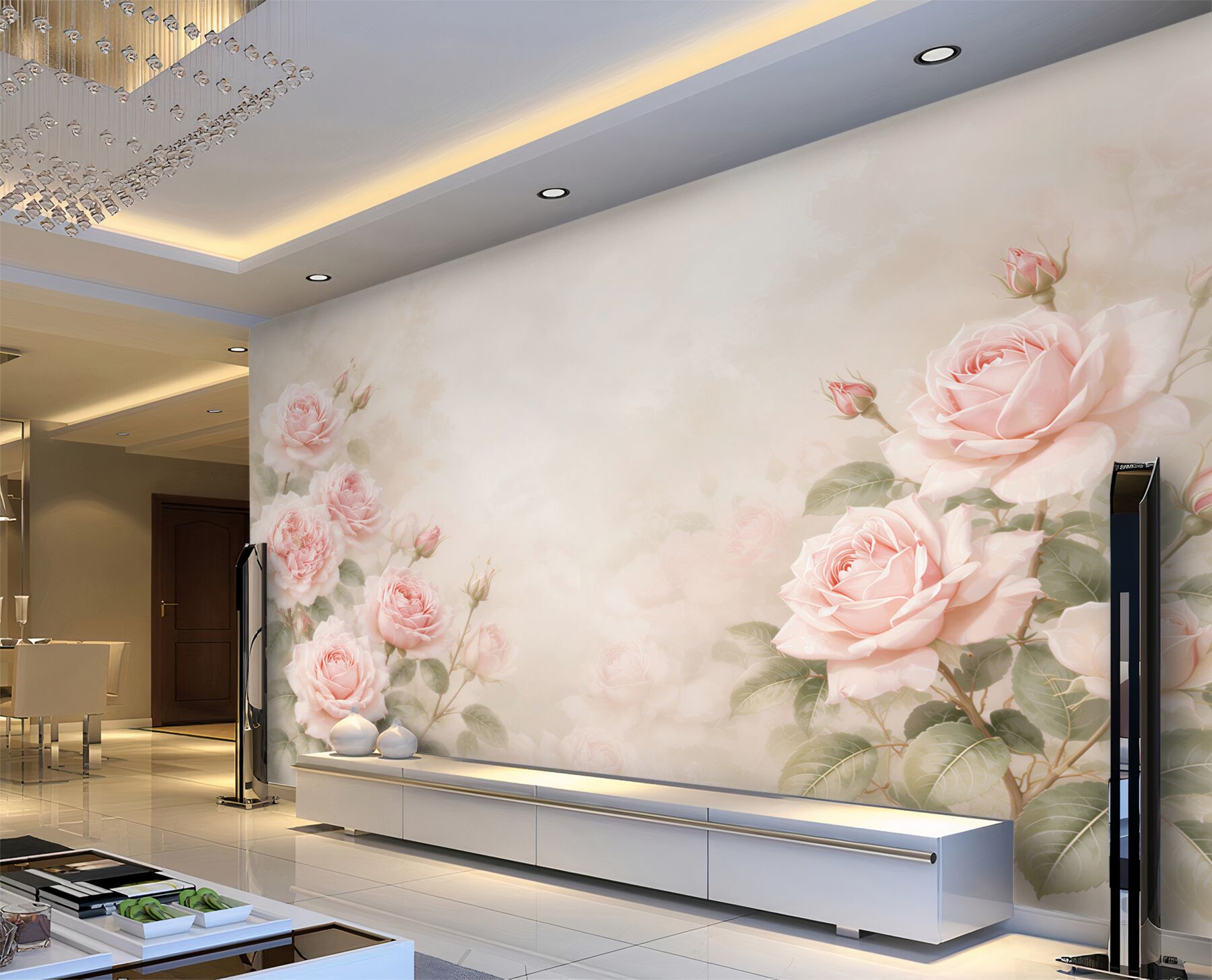 Fototapeten zarte pastellfarbene Rosen auf cremefarbenem Hintergrund elegant