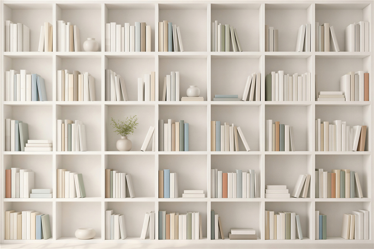 Fototapeten weiße Bibliothek mit Büchern minimalistisch für Büro und Wohnzimmer