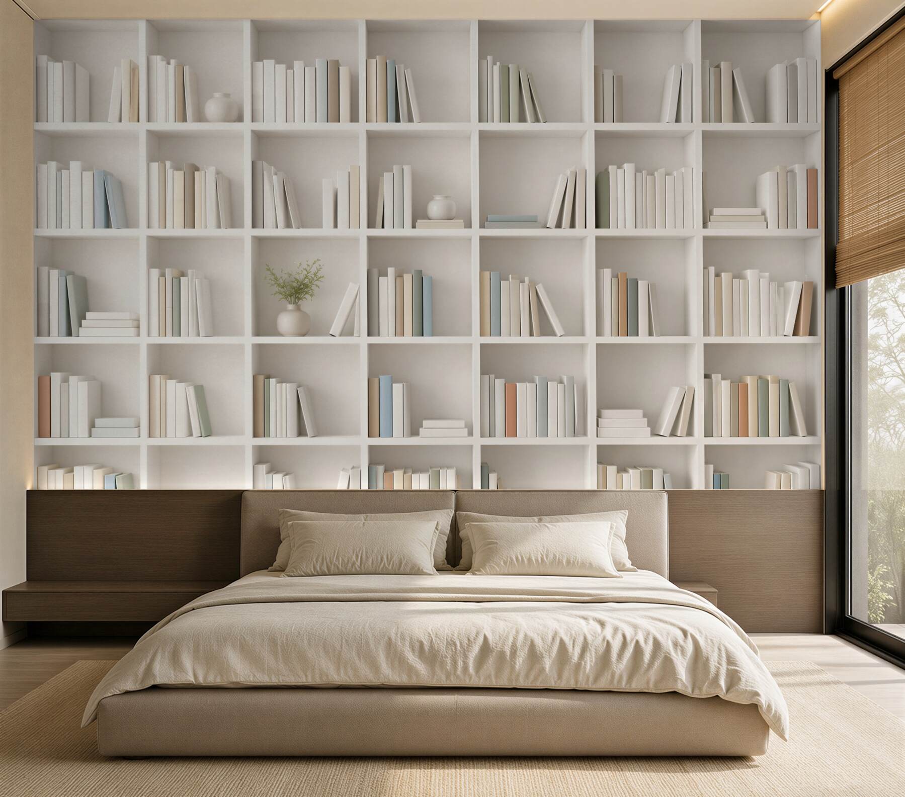Fototapeten weiße Bibliothek mit Büchern minimalistisch für Büro und Wohnzimmer