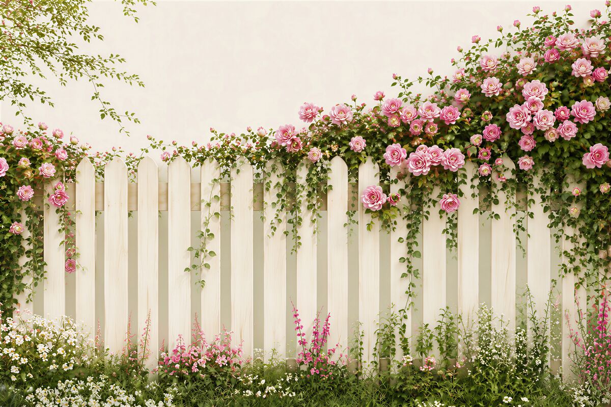 Fototapeten rosa Rosen an einem weißen Zaun romantischer Garten
