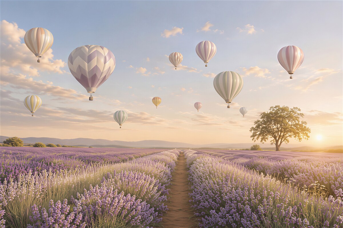 Fototapeten Lavendelfeld mit Ballons in einem romantischen Pastellhimmel