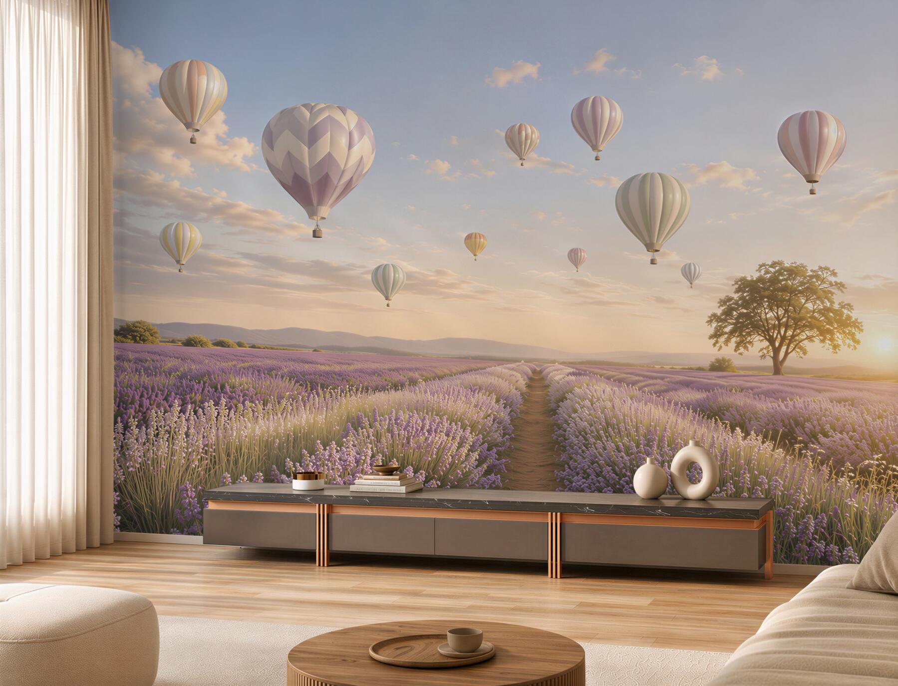 Fototapeten Lavendelfeld mit Ballons in einem romantischen Pastellhimmel