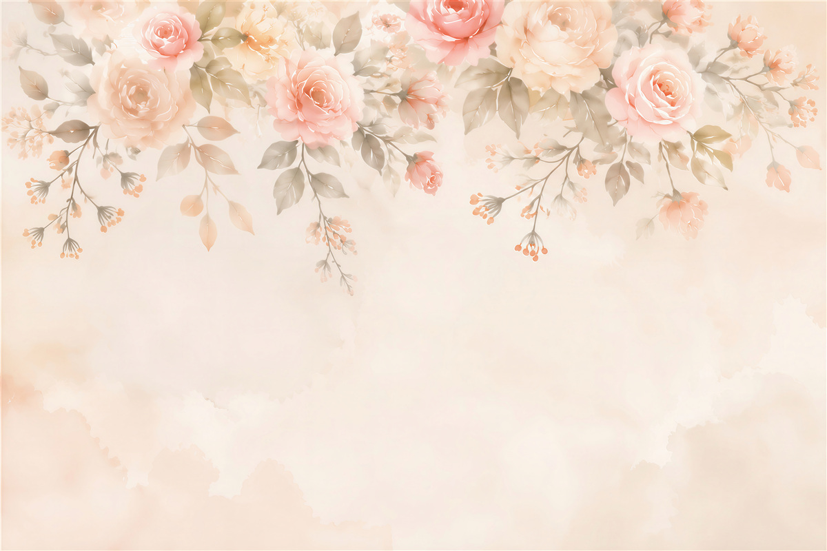 Fototapeten pastellrosa Blumen mit hängenden Zweigen auf hellem Hintergrund
