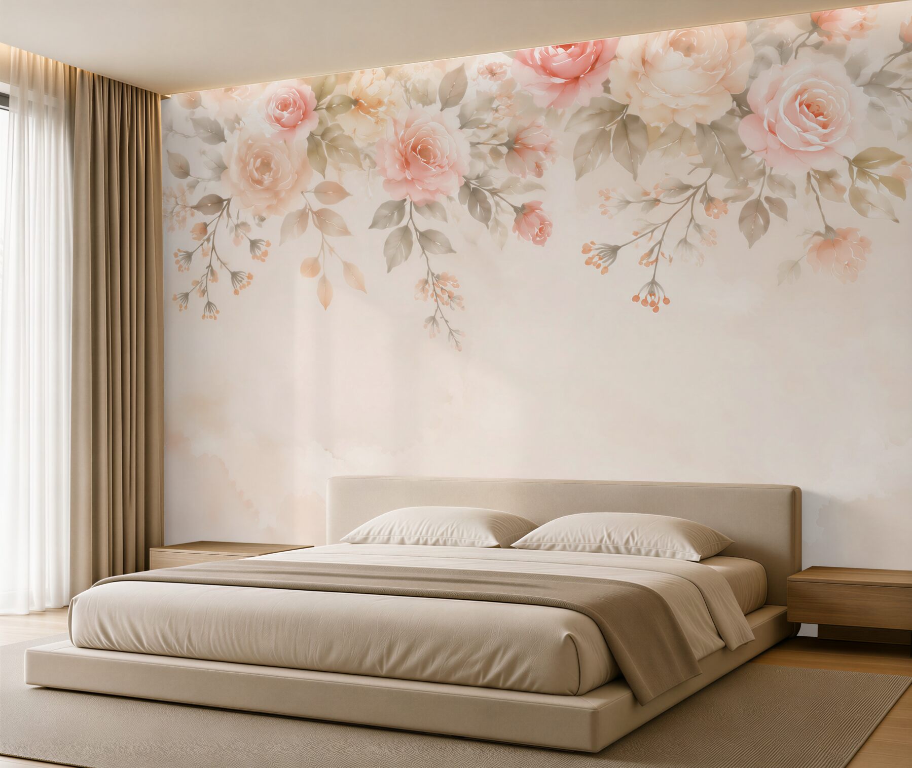 Fototapeten pastellrosa Blumen mit hängenden Zweigen auf hellem Hintergrund