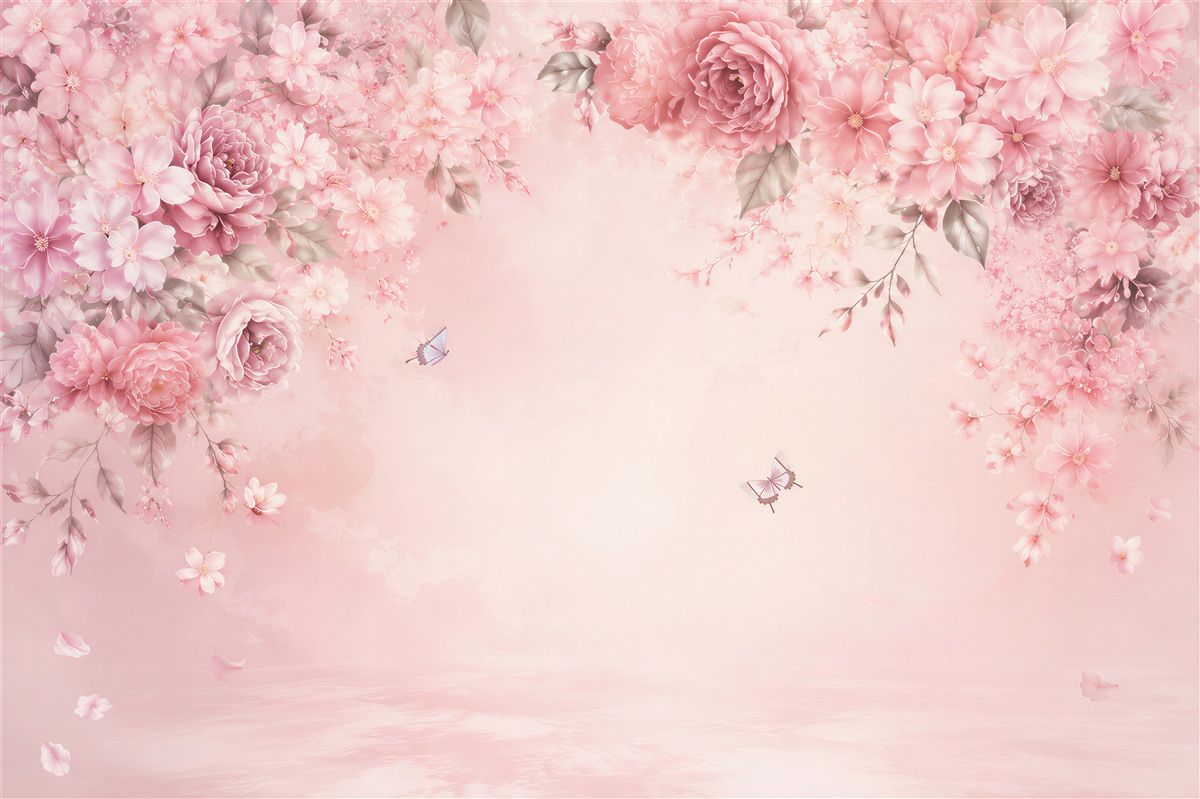 Fototapeten rosa Blumen Pfingstrosen und Kirschblüten mit Schmetterlingen romantisch
