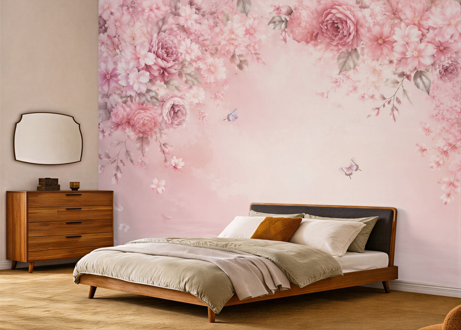 Fototapeten rosa Blumen Pfingstrosen und Kirschblüten mit Schmetterlingen romantisch