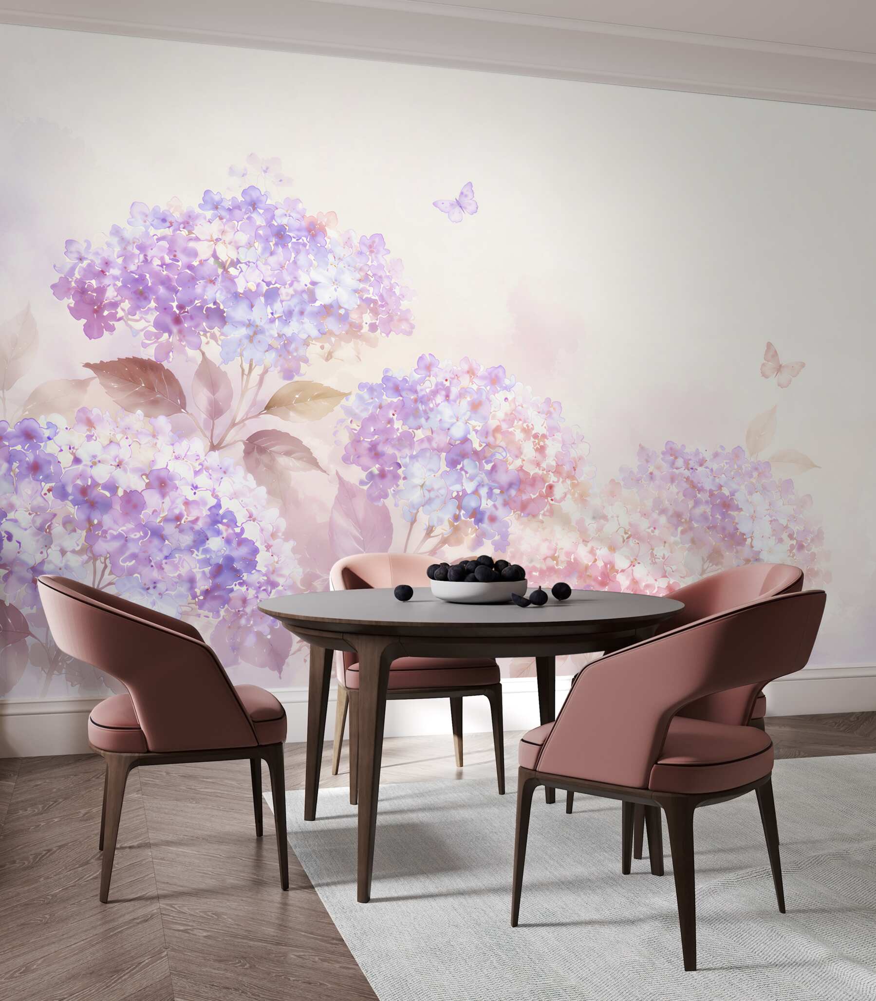 Fototapeten pastellfarbene Hortensien in lila-rosa mit Schmetterlingen für ein romantisches Interieur