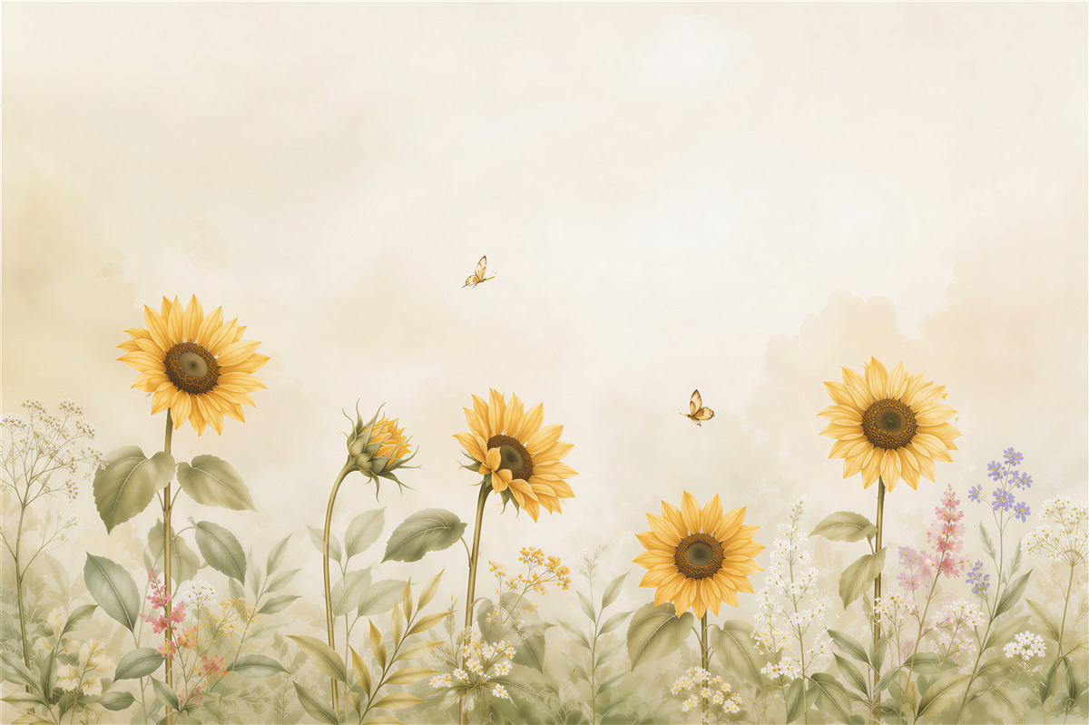Fototapeten Sonnenblumen auf einer pastellfarbenen Wiese für ein helles Wohnzimmer