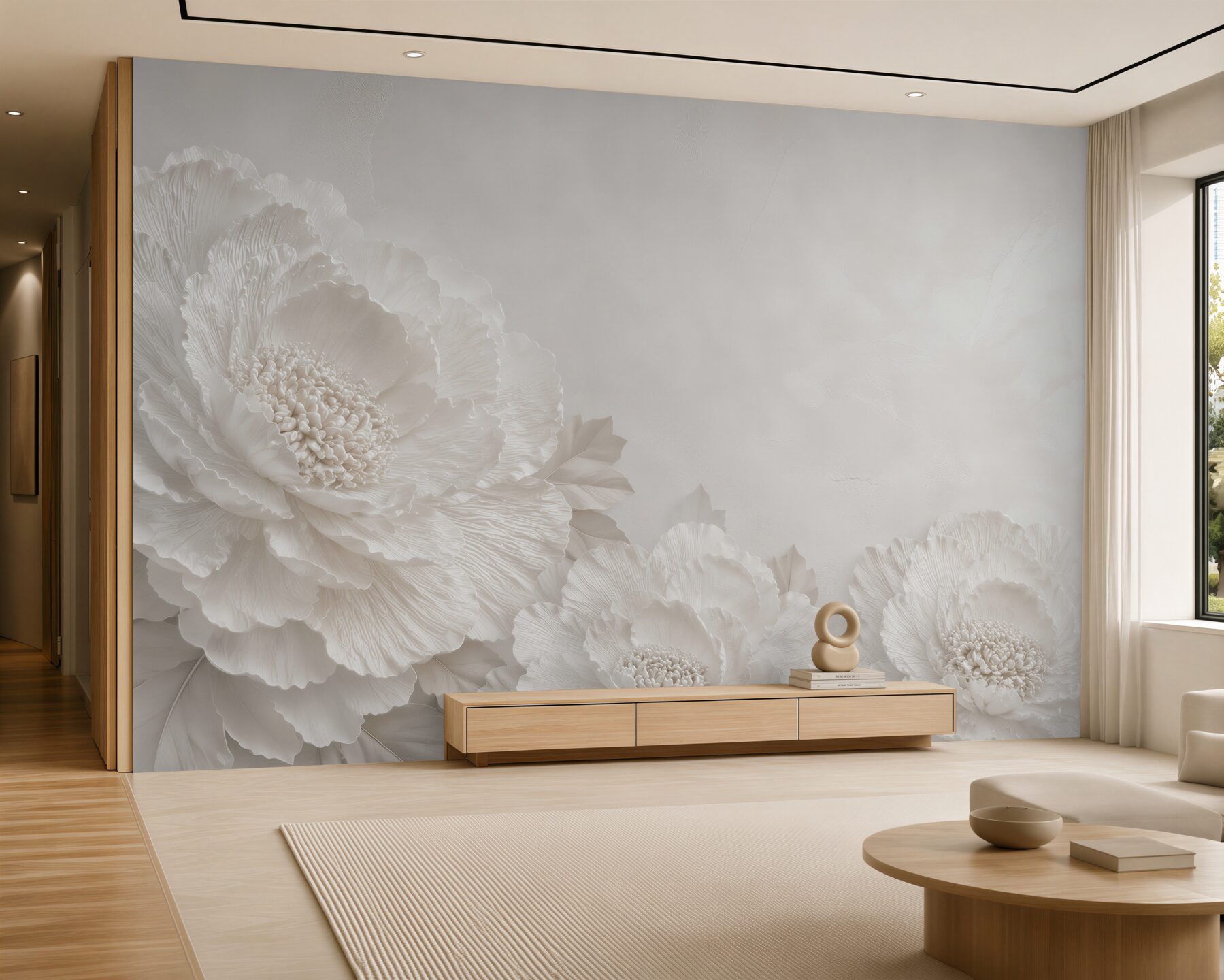 Fototapeten weiße Pfingstrosen 3D in eleganten Beigetönen für das Wohnzimmer