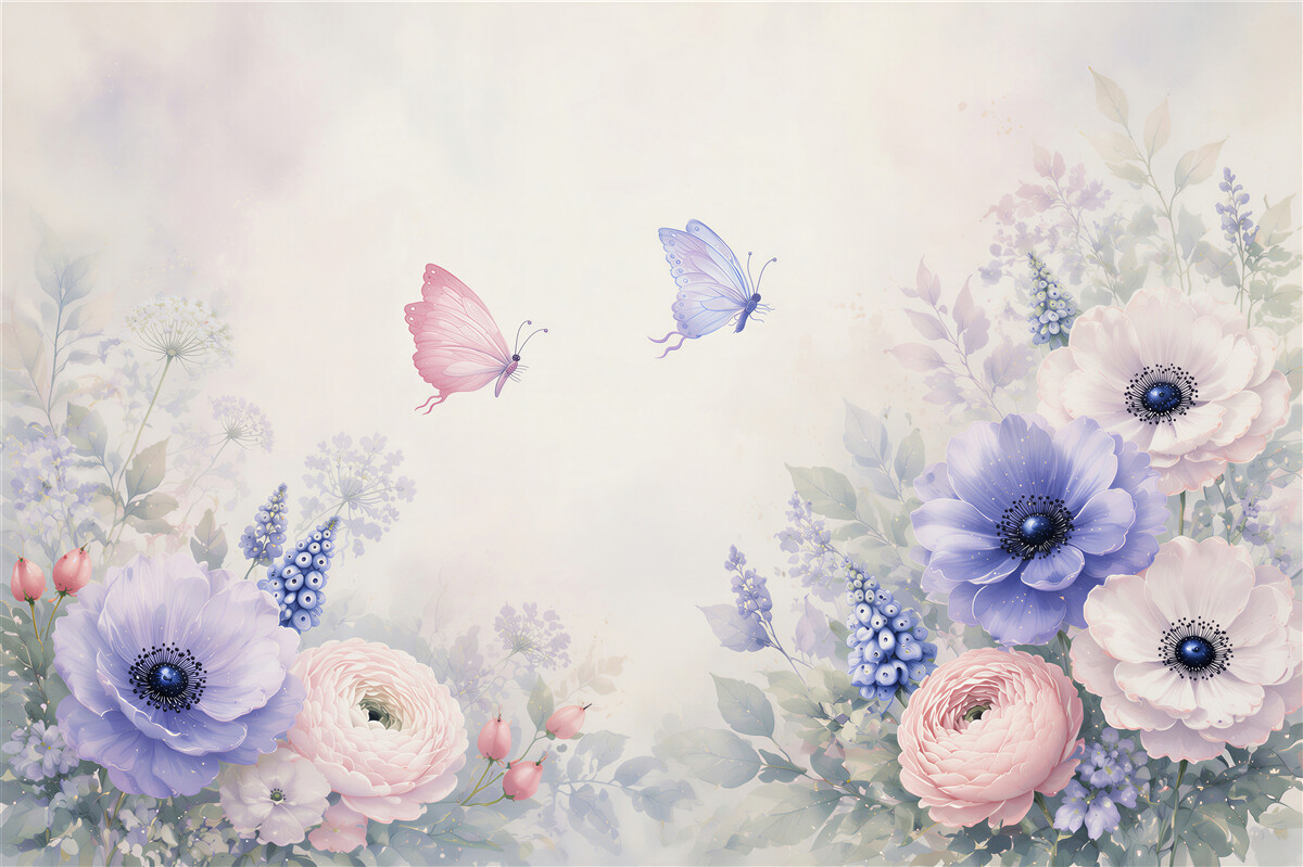 Fototapeten pastellfarbene Blumen und zarte Schmetterlinge romantisch für das Schlafzimmer