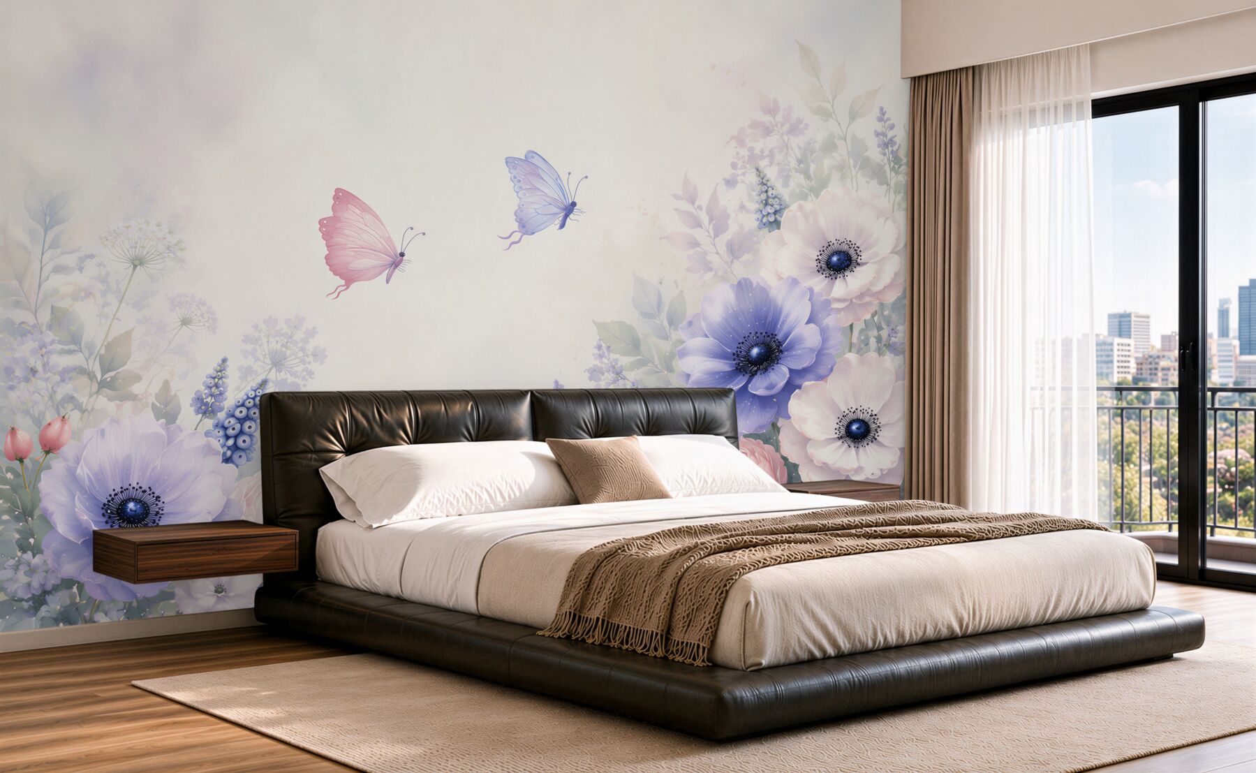 Fototapeten pastellfarbene Blumen und zarte Schmetterlinge romantisch für das Schlafzimmer