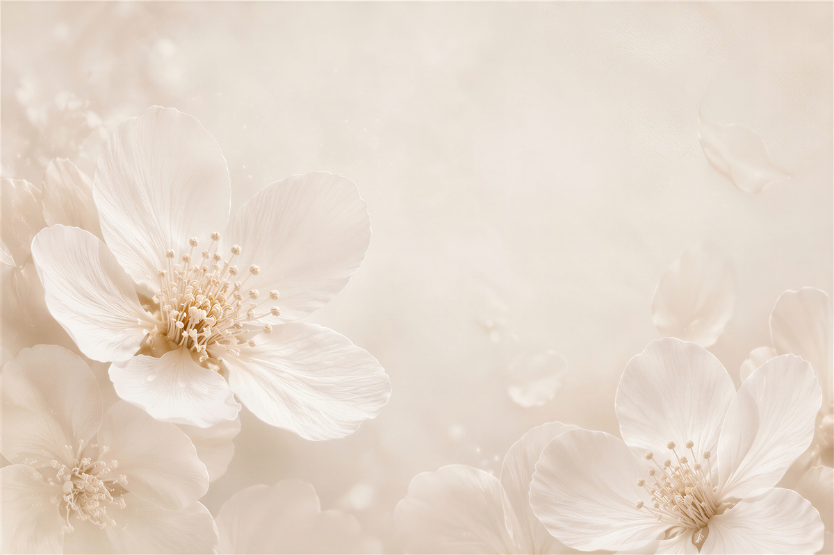 Fototapeten cremefarbene Blumen im sanften Beigelicht für das Schlafzimmer