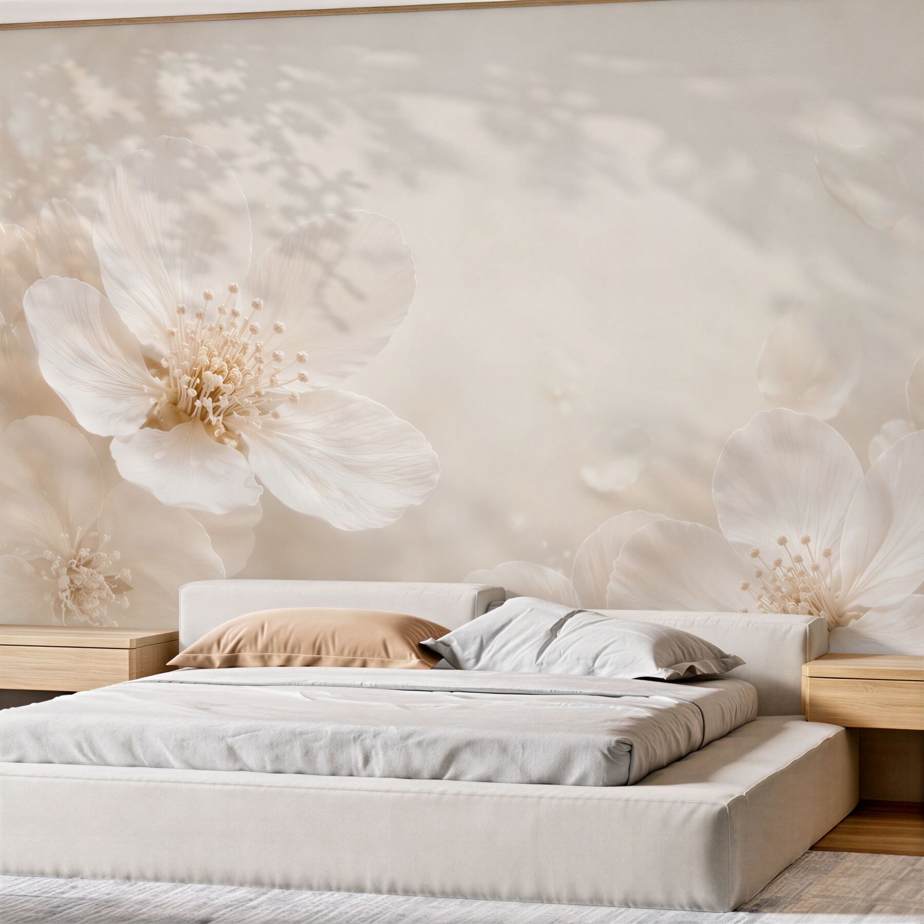 Fototapeten cremefarbene Blumen im sanften Beigelicht für das Schlafzimmer