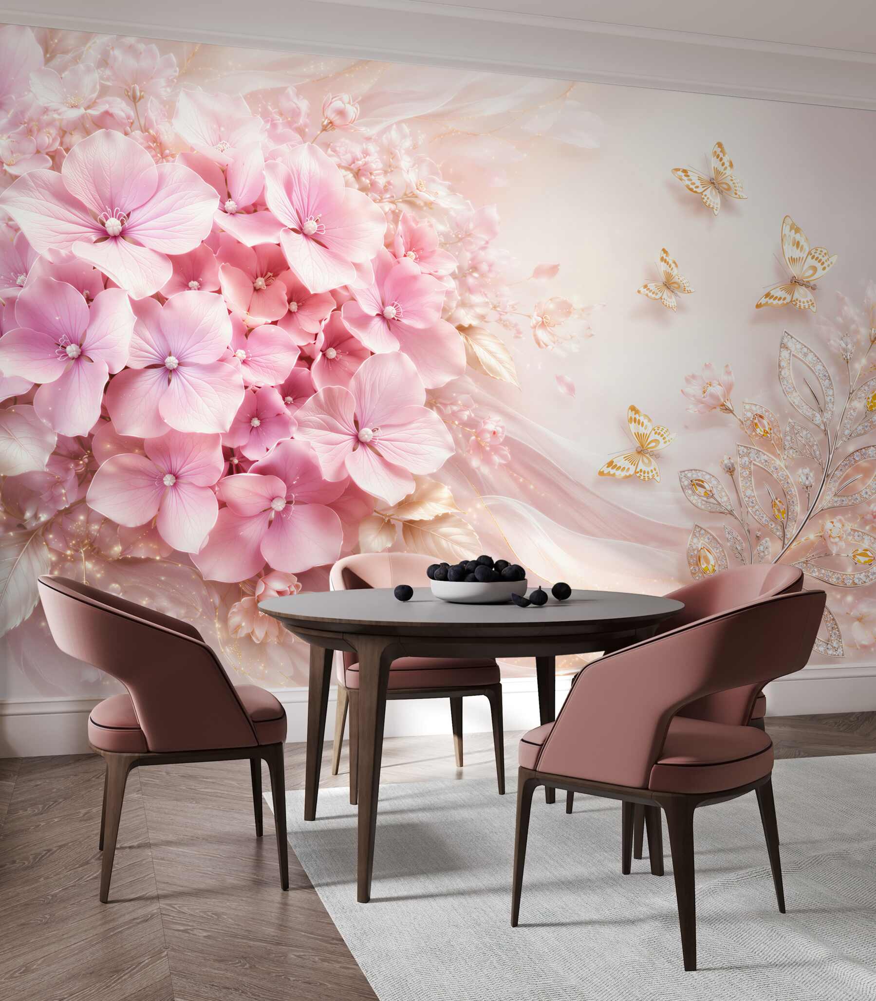 Fototapeten rosa Hortensien mit Schmetterlingen elegante Pastellkomposition
