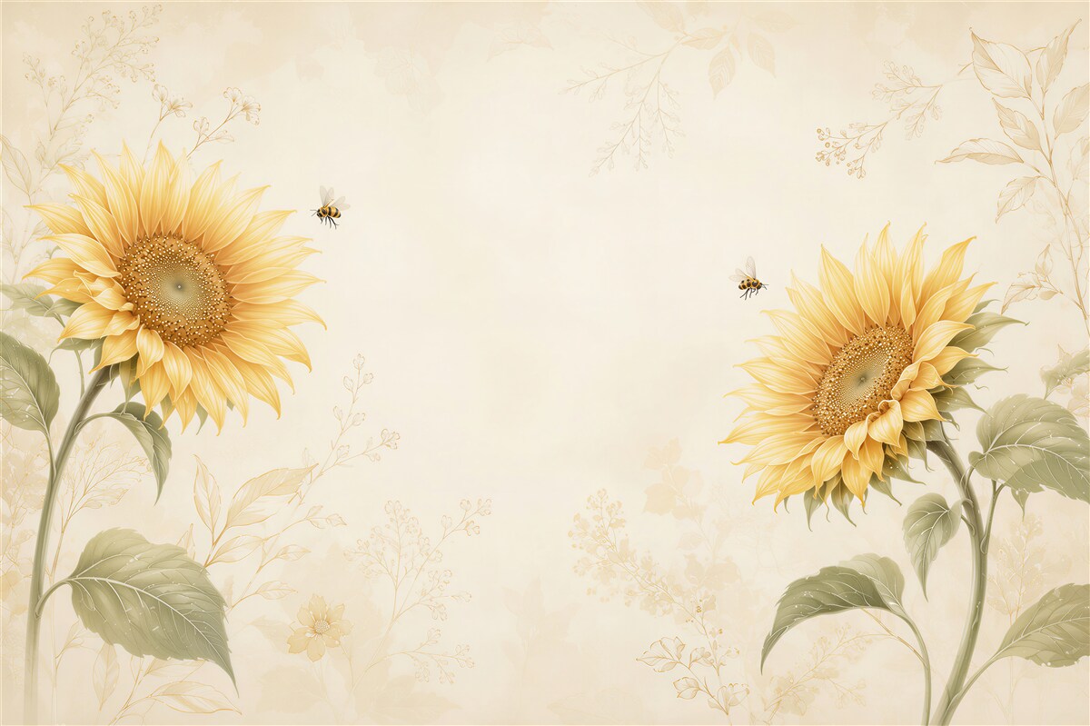 Fototapeten Sonnenblumen mit Bienen auf hellem Cremehintergrund