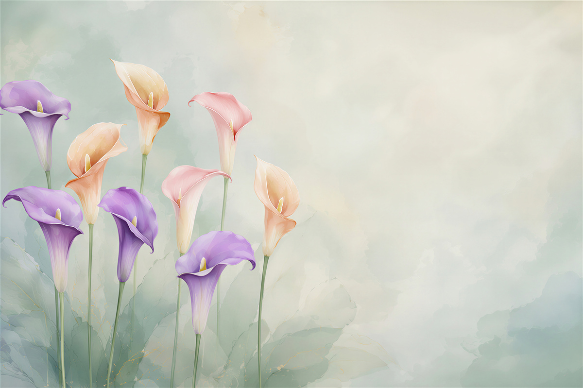 Fototapeten pastellfarbene Callas in Violett und Pfirsich auf Aquarellhintergrund