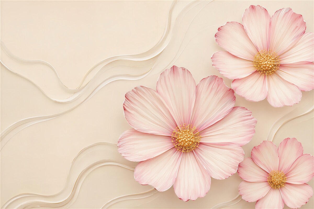 Fototapeten rosa 3D Blumen auf beigem Hintergrund elegant