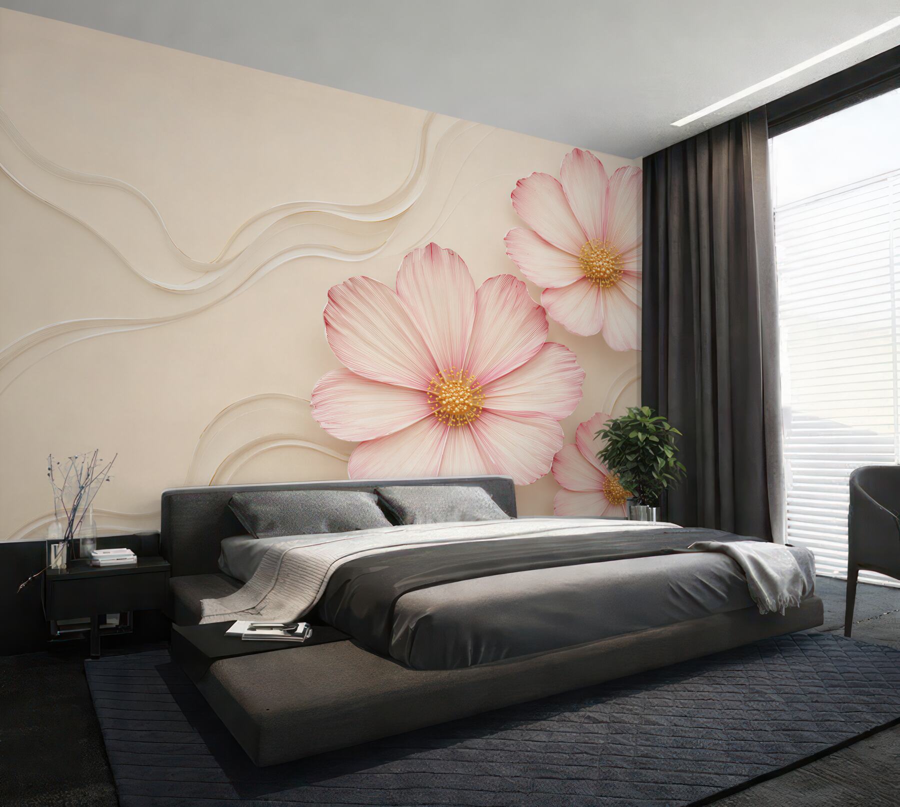 Fototapeten rosa 3D Blumen auf beigem Hintergrund elegant