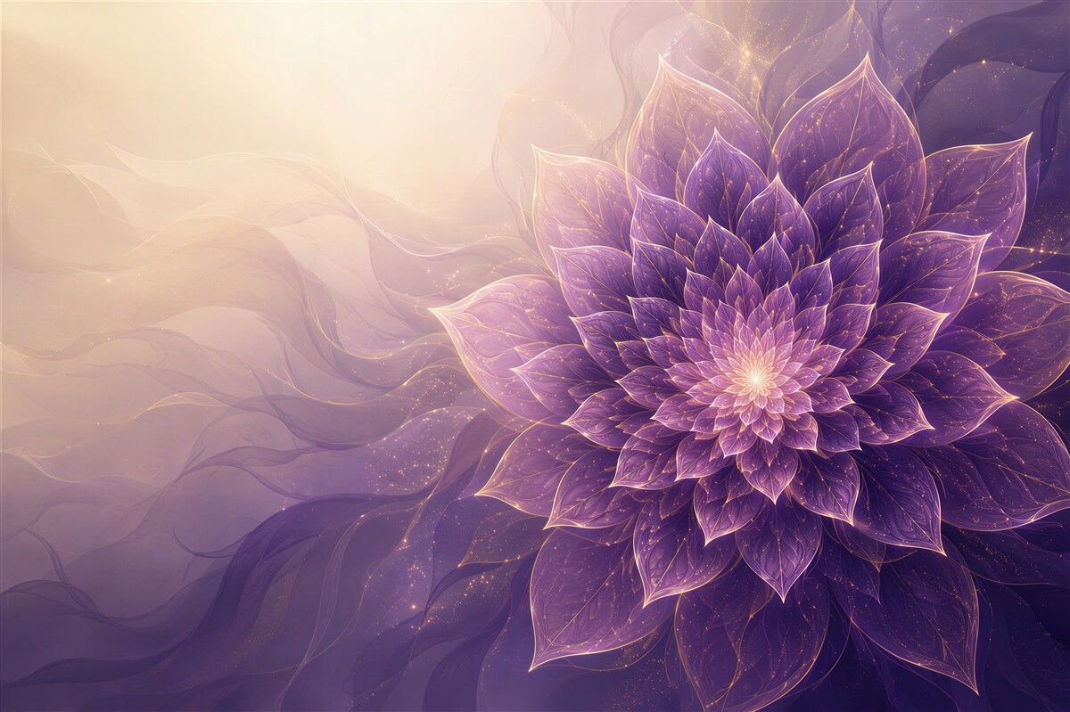 Fototapeten lila Mandala-Blume mit goldenen Akzenten abstrakt