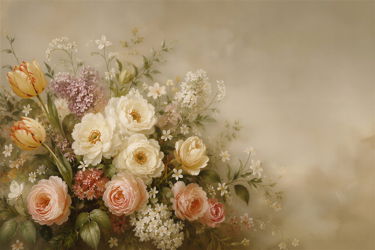 Fototapeten romantischer Blumenstrauß in beige und creme Tönen