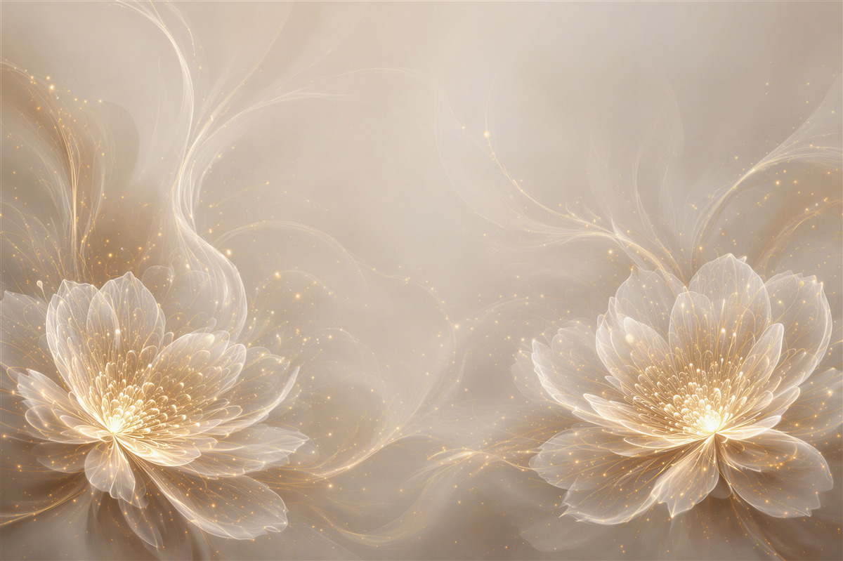 Fototapeten leuchtende beige und goldene Blumen abstrakt elegant