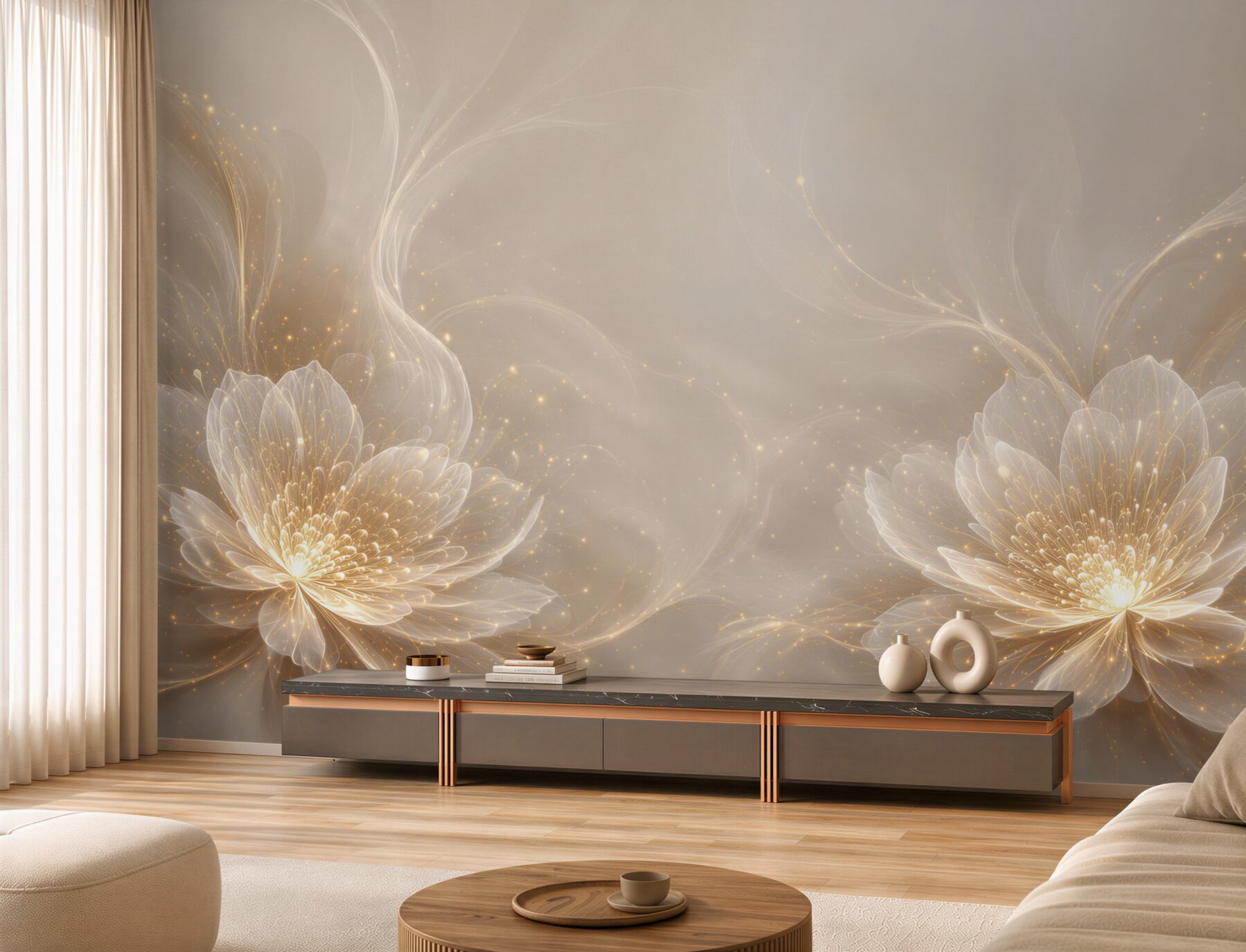 Fototapeten leuchtende beige und goldene Blumen abstrakt elegant