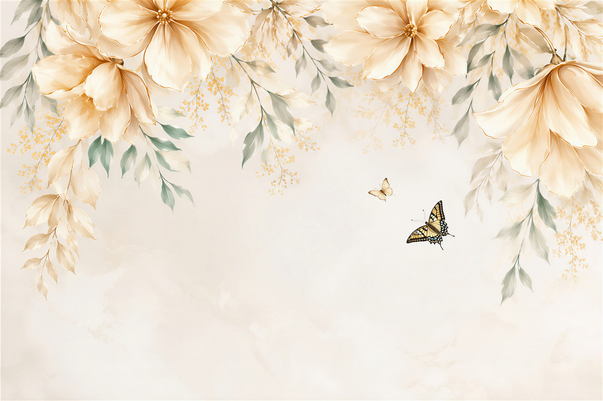 Fototapeten beige Blumen mit Schmetterlingen subtile Eleganz für das Schlafzimmer