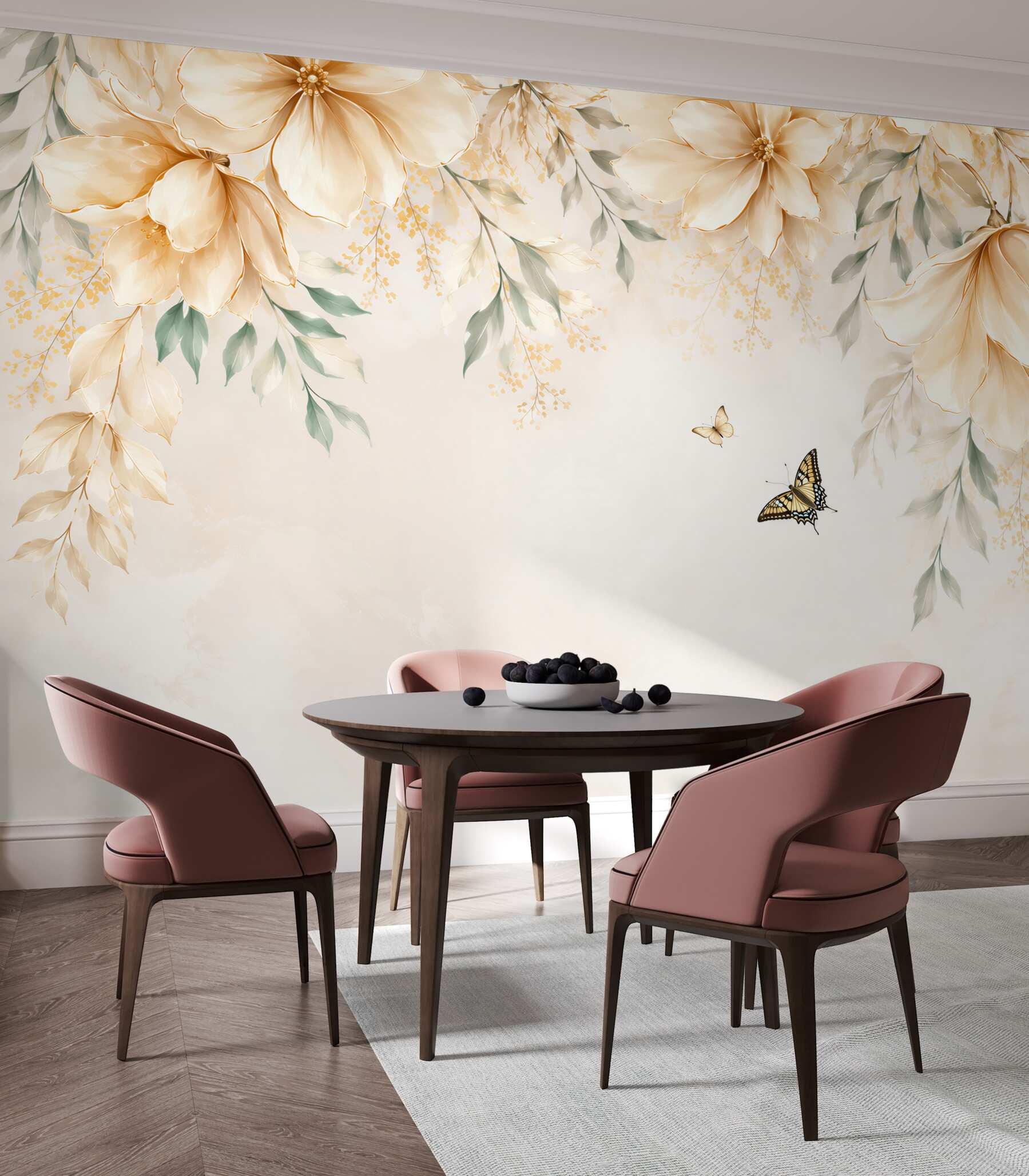 Fototapeten beige Blumen mit Schmetterlingen subtile Eleganz für das Schlafzimmer