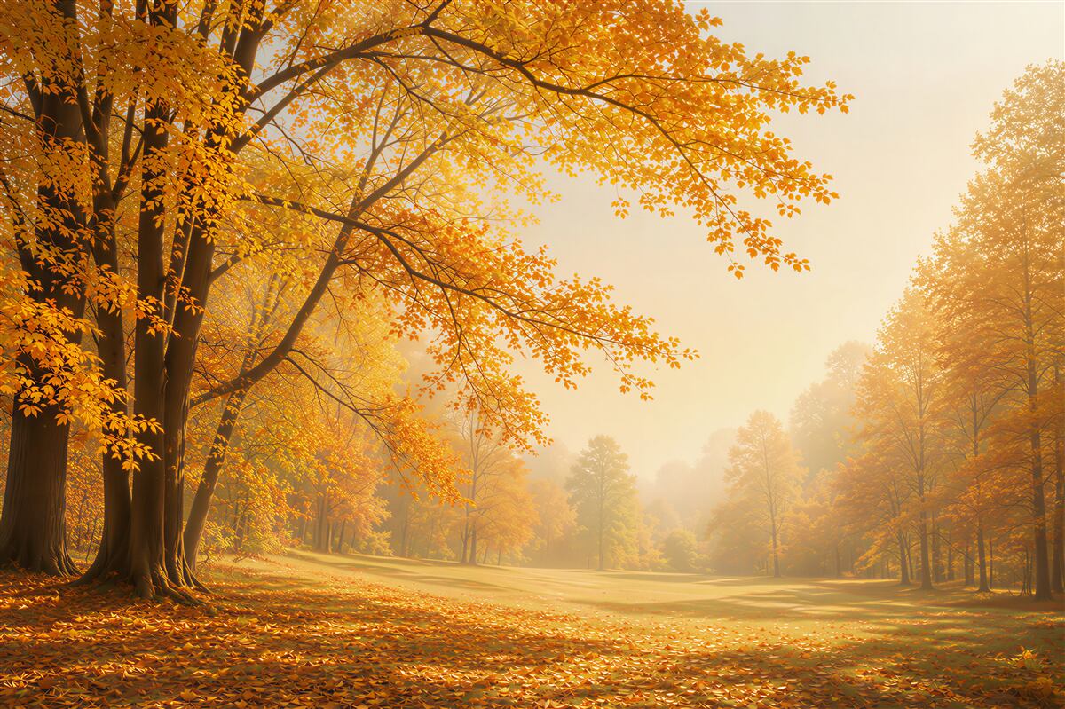Fototapeten Herbstpark mit goldenen Bäumen im Morgenlicht