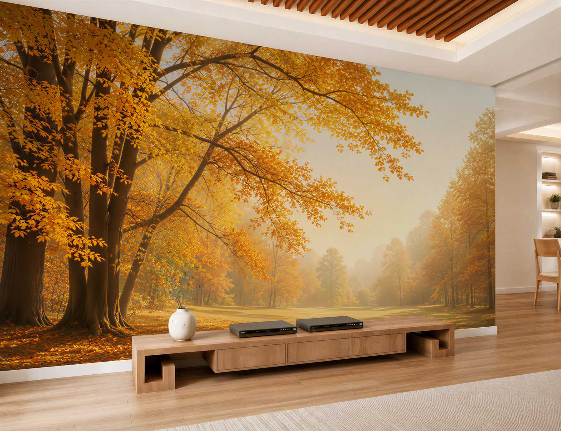 Fototapeten Herbstpark mit goldenen Bäumen im Morgenlicht