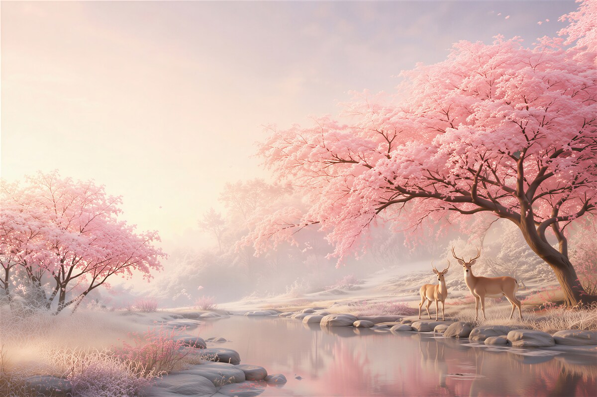 Fototapeten rosa blühende Bäume und Rehe am Fluss Märchenlandschaft