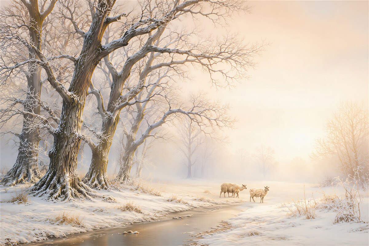 Fototapeten Winterwald mit Bach und Schafen in hellen Beigetönen