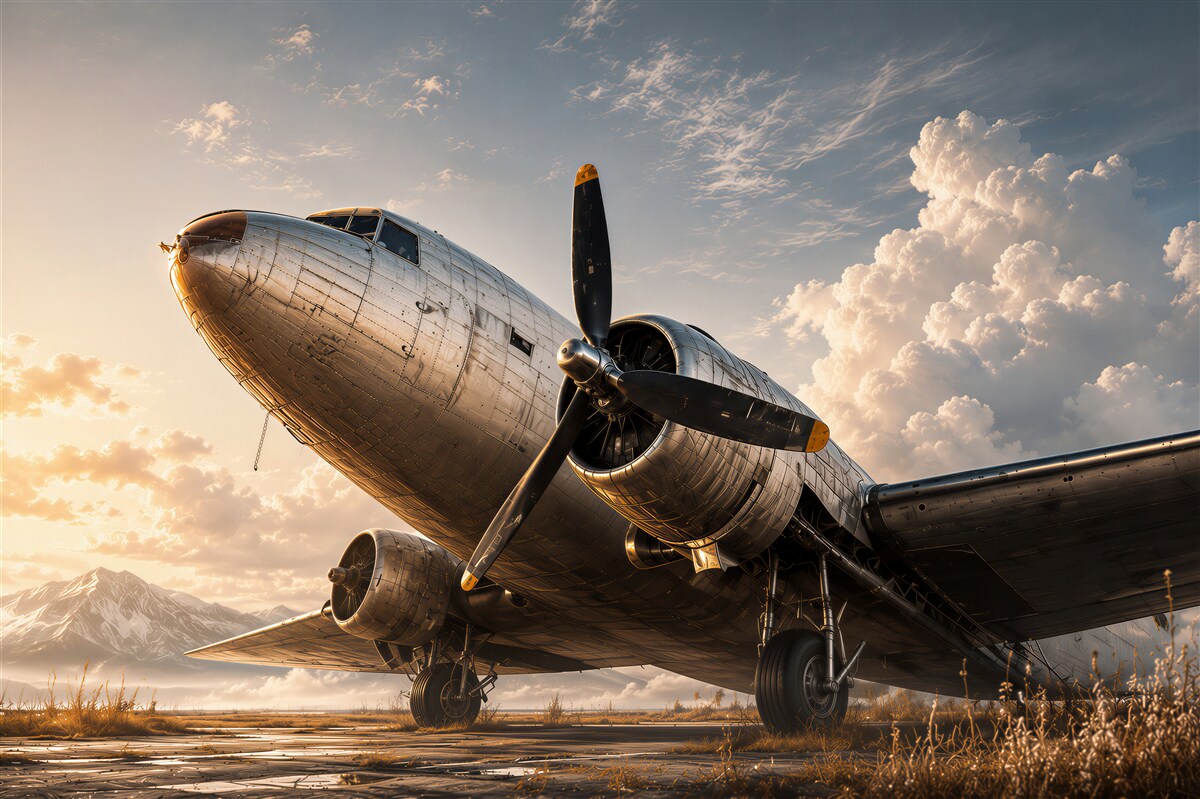 Fototapeten Retroflugzeug vor Wolken und Bergen im goldenen Licht