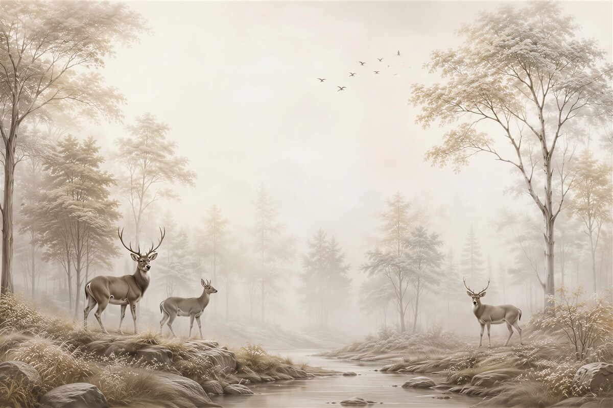Fototapeten Rehe über einem Waldfluss im Nebel beige ruhig
