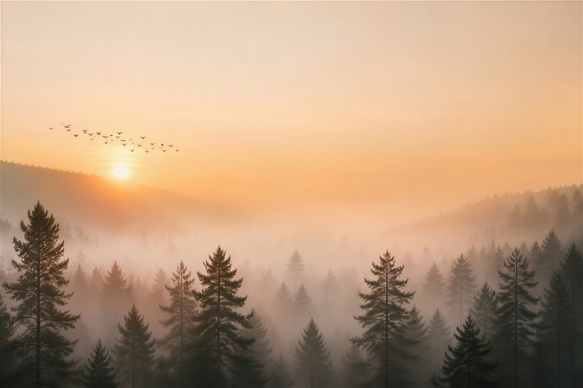 Fototapeten Nadelwald im Nebel bei Sonnenaufgang in warmen Farben