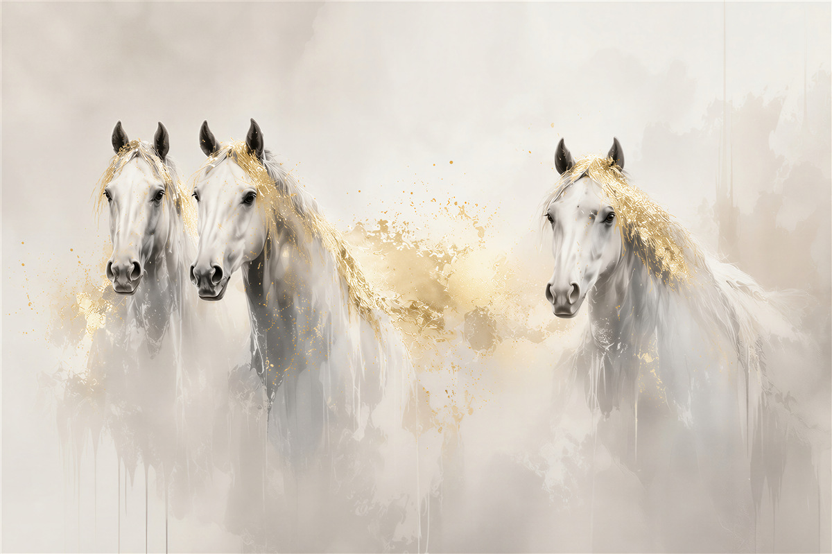 Fototapeten weiße Pferde in eleganter beige-goldener Aquarell