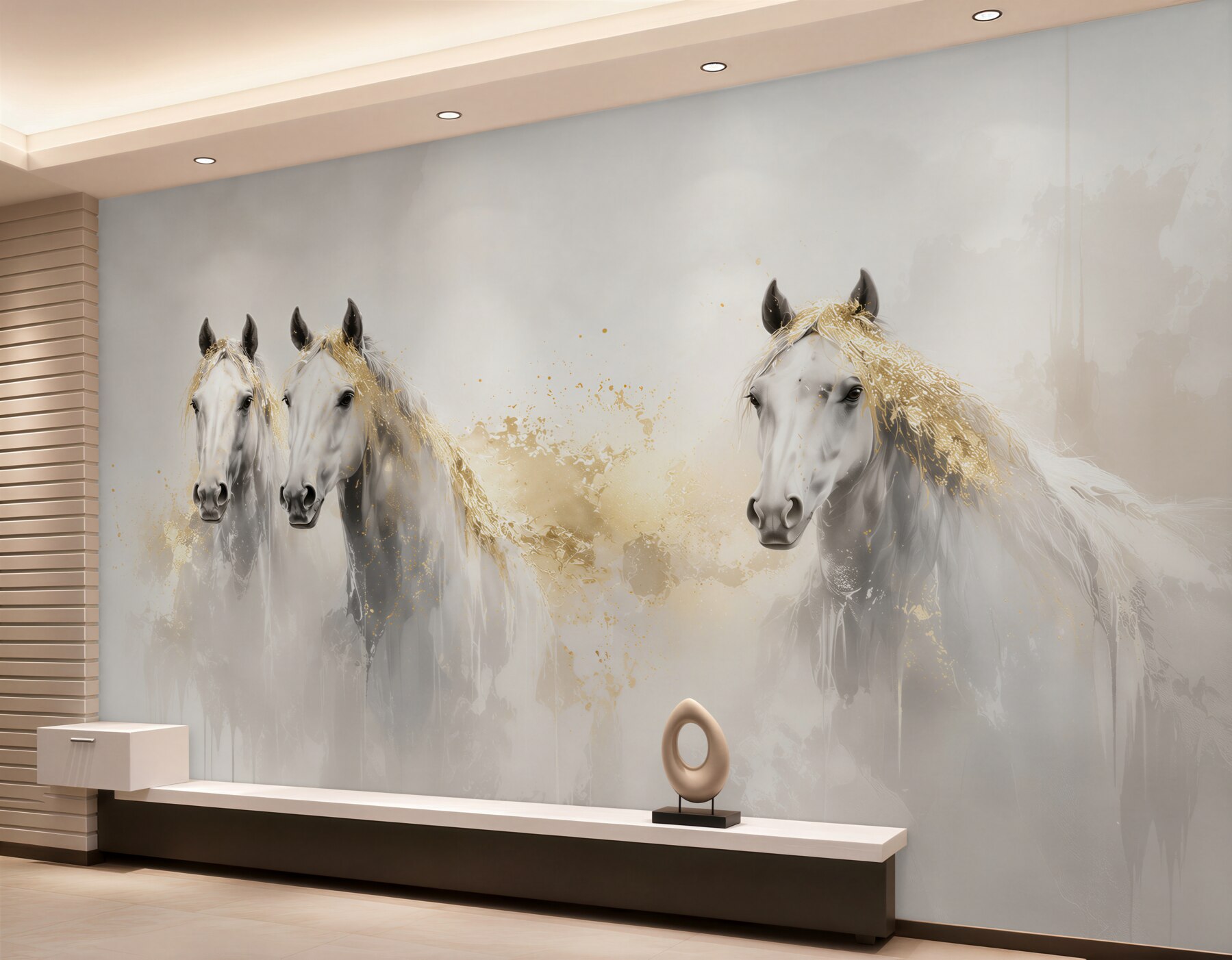 Fototapeten weiße Pferde in eleganter beige-goldener Aquarell