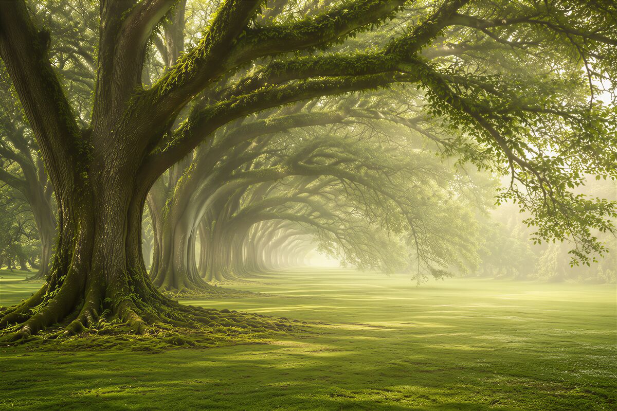 Fototapeten Allee alter Bäume mit grünem Blätterdach märchenhafte Landschaft