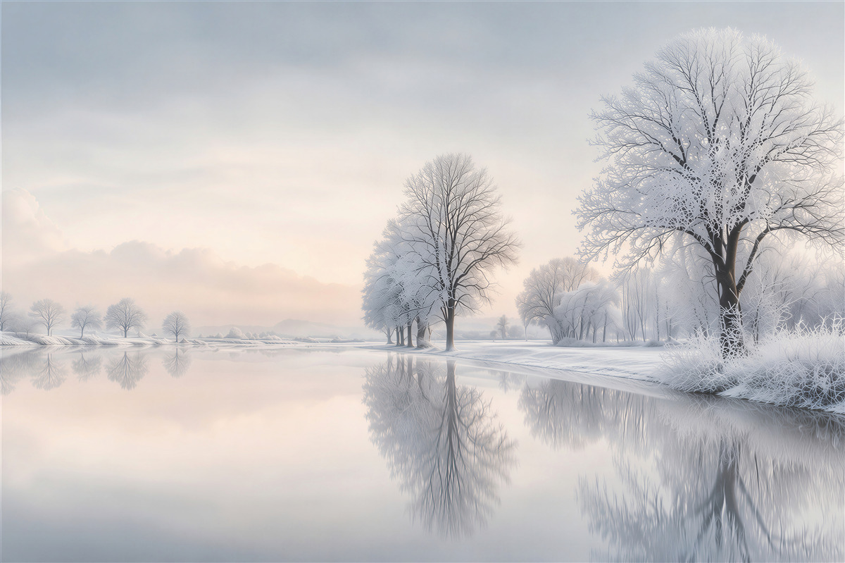 Fototapeten Winterlandschaft mit verschneiten Bäumen an einem ruhigen See