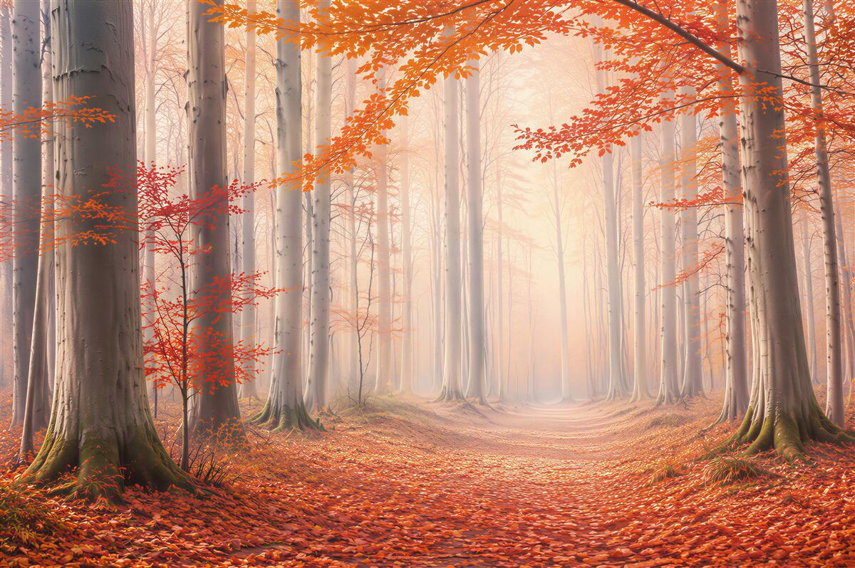 Fototapeten Herbstwald mit orangefarbenen Blättern und Waldweg