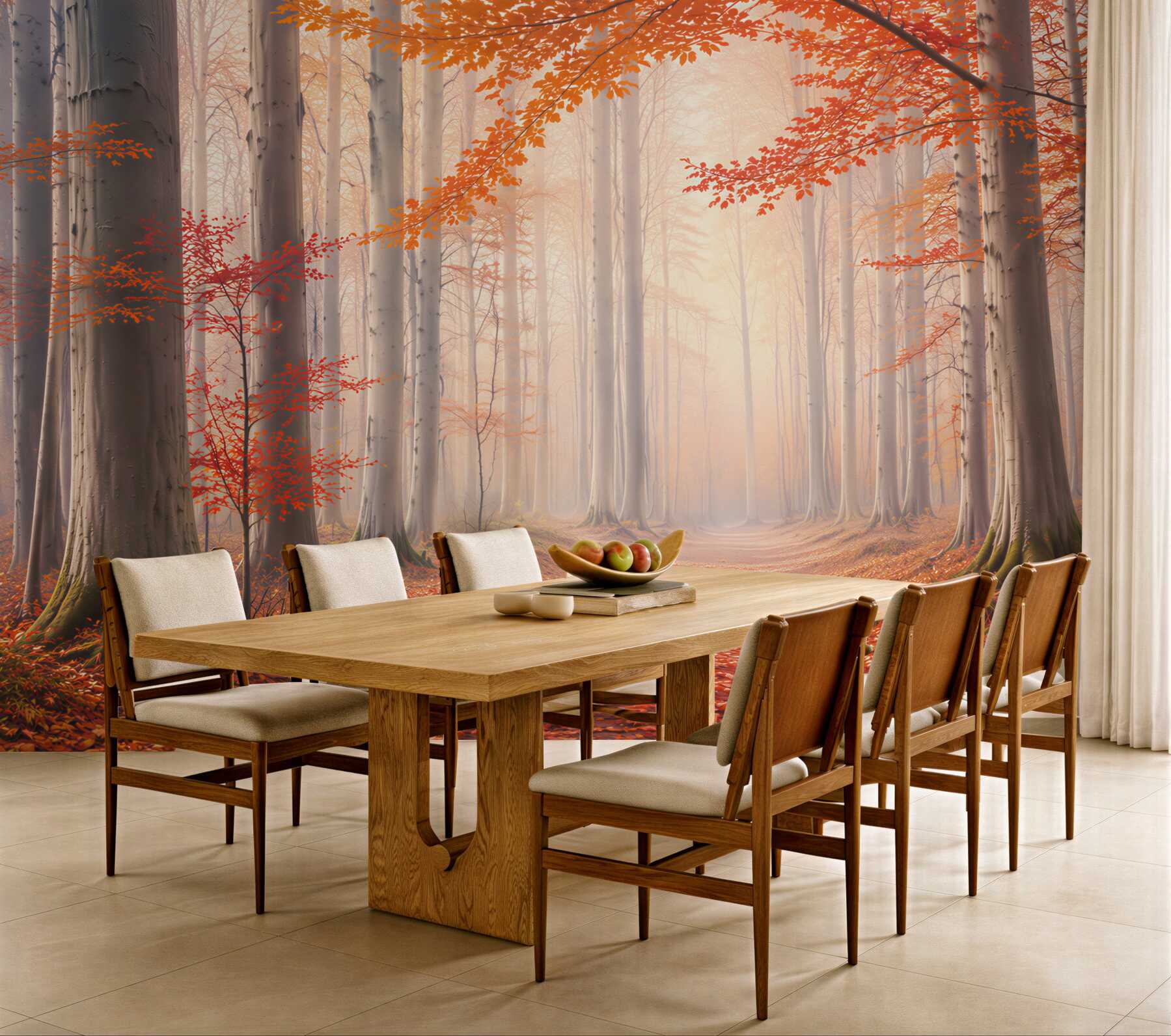 Fototapeten Herbstwald mit orangefarbenen Blättern und Waldweg