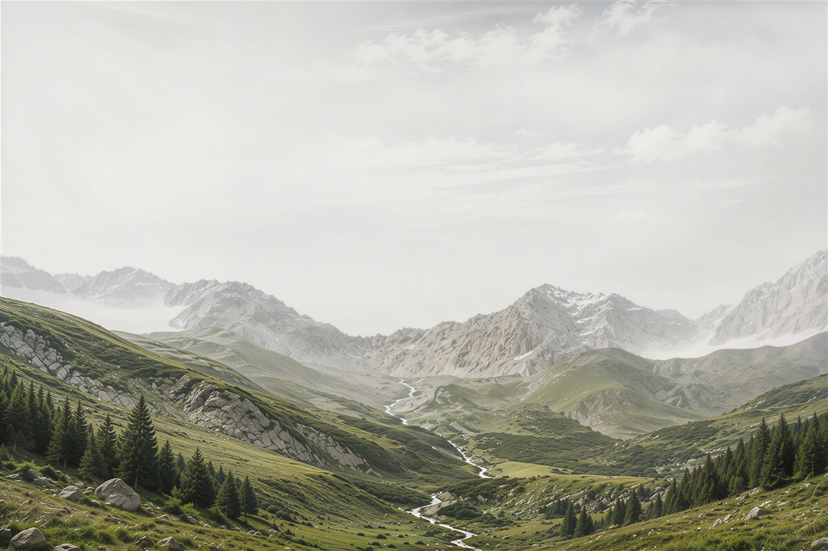 Fototapeten Bergtal mit Bach und Gipfeln in hellen natürlichen Farben