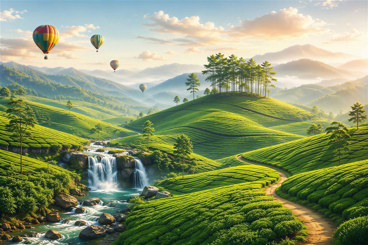Fototapeten grüne Hügel mit Wasserfall und Ballons bei Sonnenaufgang
