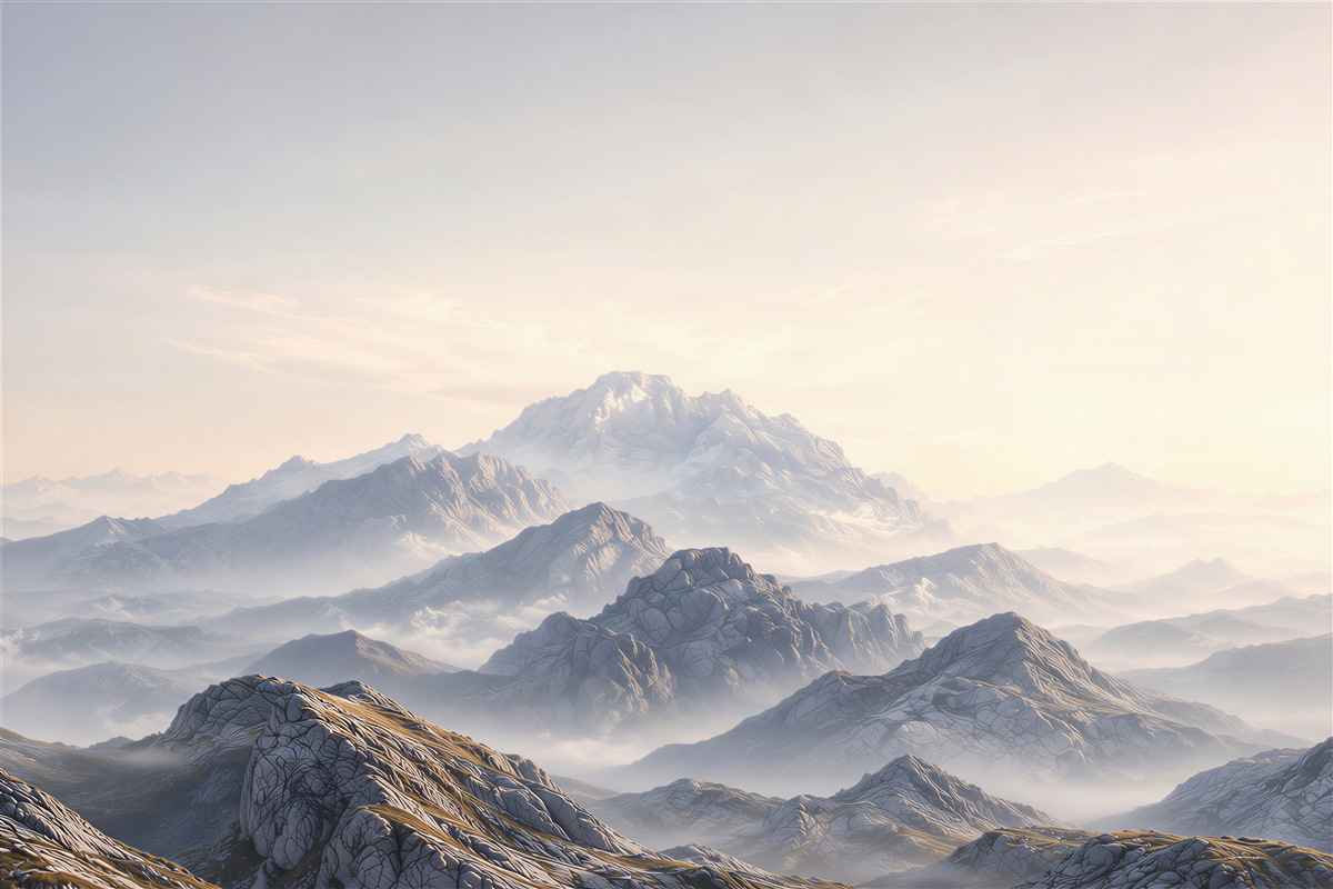 Fototapeten Berglandschaft im Nebel in hellen beige-grauen Tönen