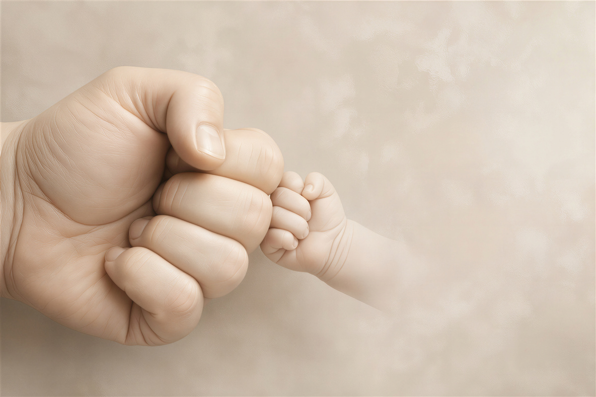 Fototapeten Hand eines Babys, die den Finger eines Elternteils in zarten Beigetönen hält