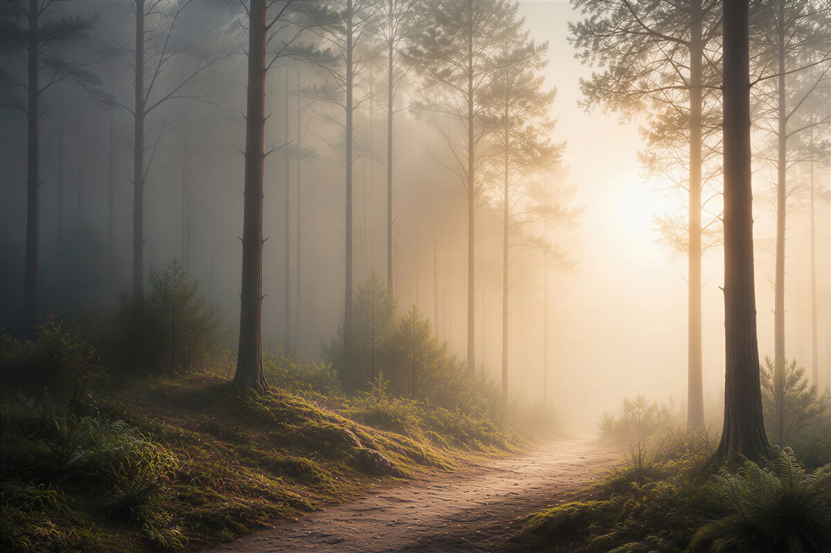 Fototapeten Waldweg im Nebel mit Sonnenstrahlen